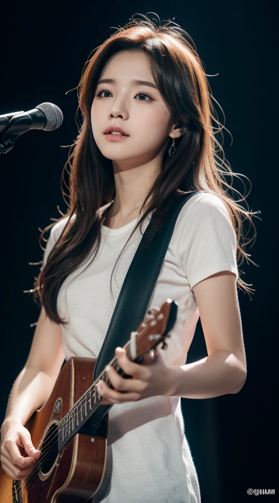 1girl korean,  portrait,  18 years,  masterpiece,  natural light,  accurate,  anatomically correct,  textured skin,  front lighting,  f/1.8,  90mm,  Fujifilm GFX 50R,  regina display,  super detail,  high details,  high quality,  best quality,  highres,  UHD,  1080P,  HD,  4K,  8K,  wavy hair,  Guitar Heroine,  let's rock,  solo singer,  (looking at viewer:1.2), stage light,