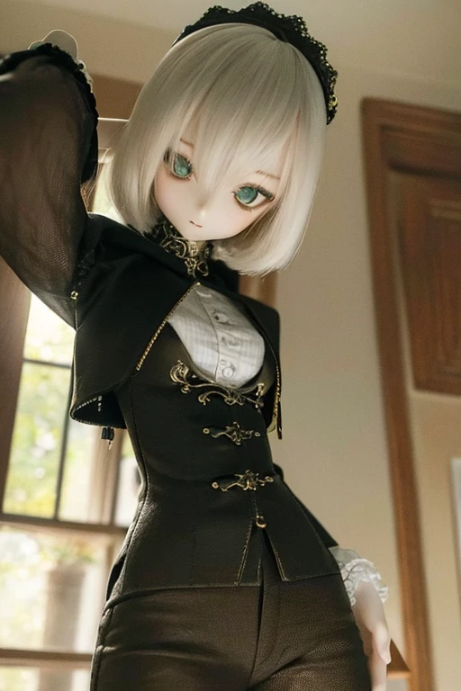 photorealistic, realistic photo, (sfw:2), ((highest quality)), ((masterpiece)), (extremely detailed), kukolnydom, doll, (mature woman:1.6), cowboy shot, solo, (skinny, slender, down vest, skinny pants, bare arms), green eyes, almond eyes, hairband, light smile, (model pose, looking away, blank eyes, empty eyes, detailed eyes:1.3), dress, museum, 8k