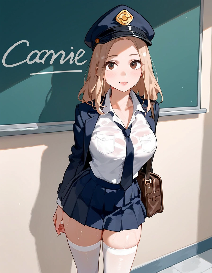 anime artwork, score_9, score_8_up, score_7_up, score_6_up, score_5_up, score_4_up, r,Camie Utsushimi, light brown hair, dark brown eyes,, breasts, , big breasts, at school, (school uniform:1.2), , cap, she is 24 years old, , rating explitic, wet whirt, ,horny, solo, , white stockings, shoes,,style_3, text on board:I love..., standing,