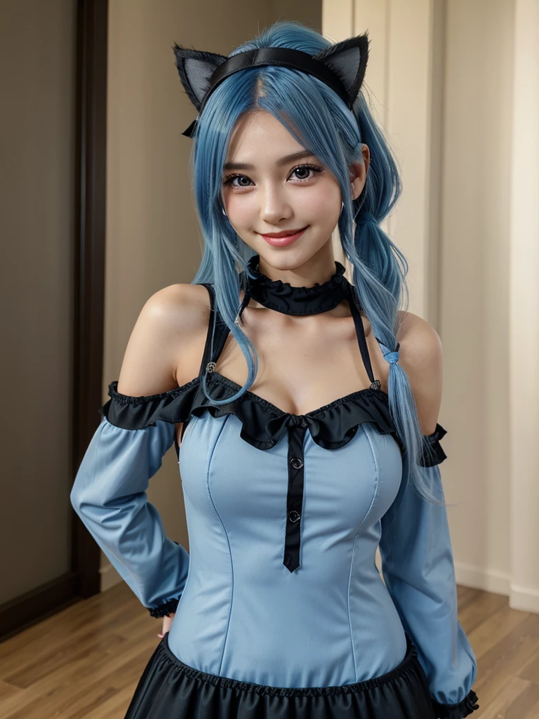 highest quality, masterpiece, Ultra-high resolution, (Realistic:1.4), (Portraiture) RAW Photos, 1 girl,22 years old((Detailed face)),(((座ったPortraiture))No bra,((Smiling with teeth showing)),((Big smile)),((Black boots and black lace gloves)),((Black sleeveless top with ruffle lace)),((White blouse under the dress)),((Black long skirt)),((Blue-purple hair in twin tails)),((Cap Chestnut)),((Short bangs)),Realistic,Image Media Chest)),