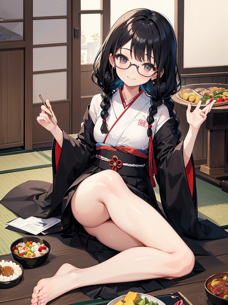 One girl,alone,black eye,Black Hair,Glasses、Braided in front,smile,whole body,foot,Small breasts,Japanese traditional clothing,Mini Girl, In the food,In the container,It&#39;s in a bowl,soup, Buckwheat,no,meat,green onion,Partially submerged,sweet,vapor,Japanese Background,No shoes,Eat from a bowl with chopsticks, Torii gate in the background