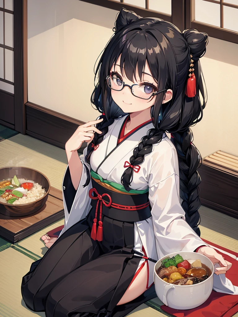 One girl,alone,black eye,Black Hair,Glasses、Braided in front,smile,whole body,foot,Small breasts,Japanese traditional clothing,Mini Girl, In the food,In the container,It&#39;s in a bowl,soup, Buckwheat,no,meat,green onion,Partially submerged,sweet,vapor,Japanese Background,No shoes,Eat from a bowl with chopsticks, Torii gate in the background