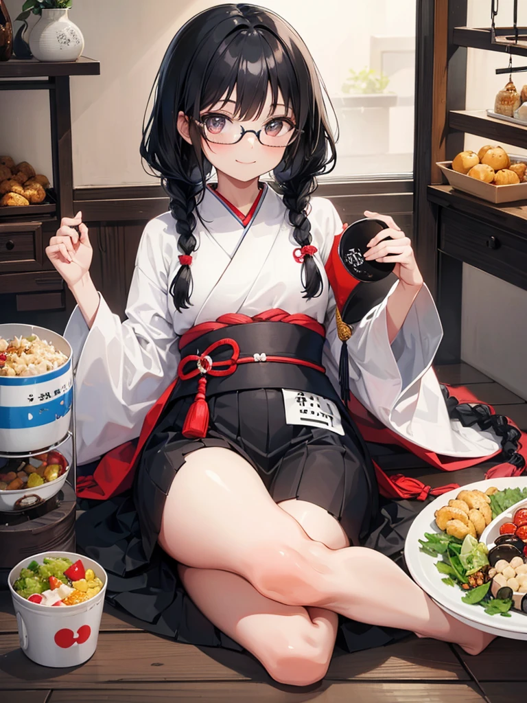 One girl,alone,black eye,Black Hair,Glasses、Braided in front,smile,whole body,foot,Small breasts,Japanese traditional clothing,Mini Girl, In the food,In the container,It&#39;s in a bowl,soup, Buckwheat,no,meat,green onion,Partially submerged,sweet,vapor,Japanese Background,No shoes,Eat from a bowl with chopsticks, Torii gate in the background