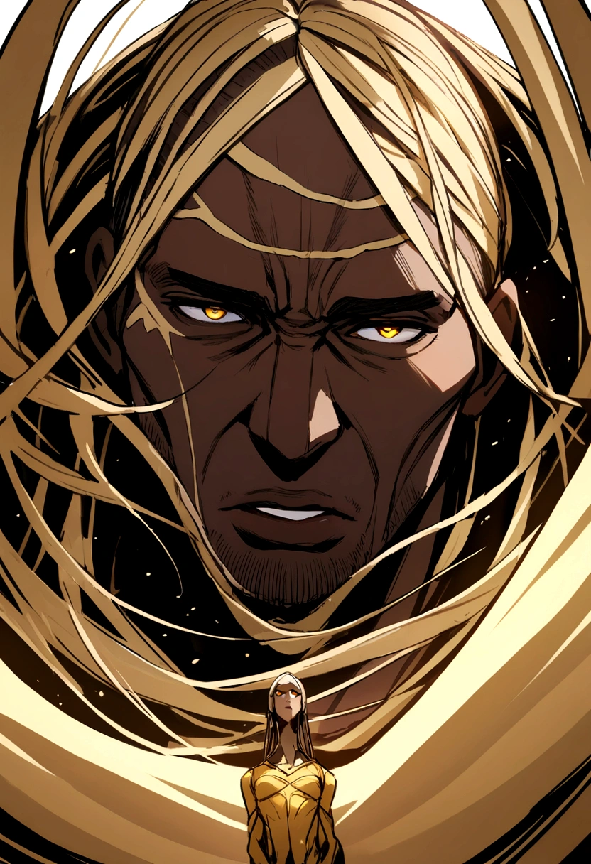 tall man with dark skin and sanpaku gold eyes