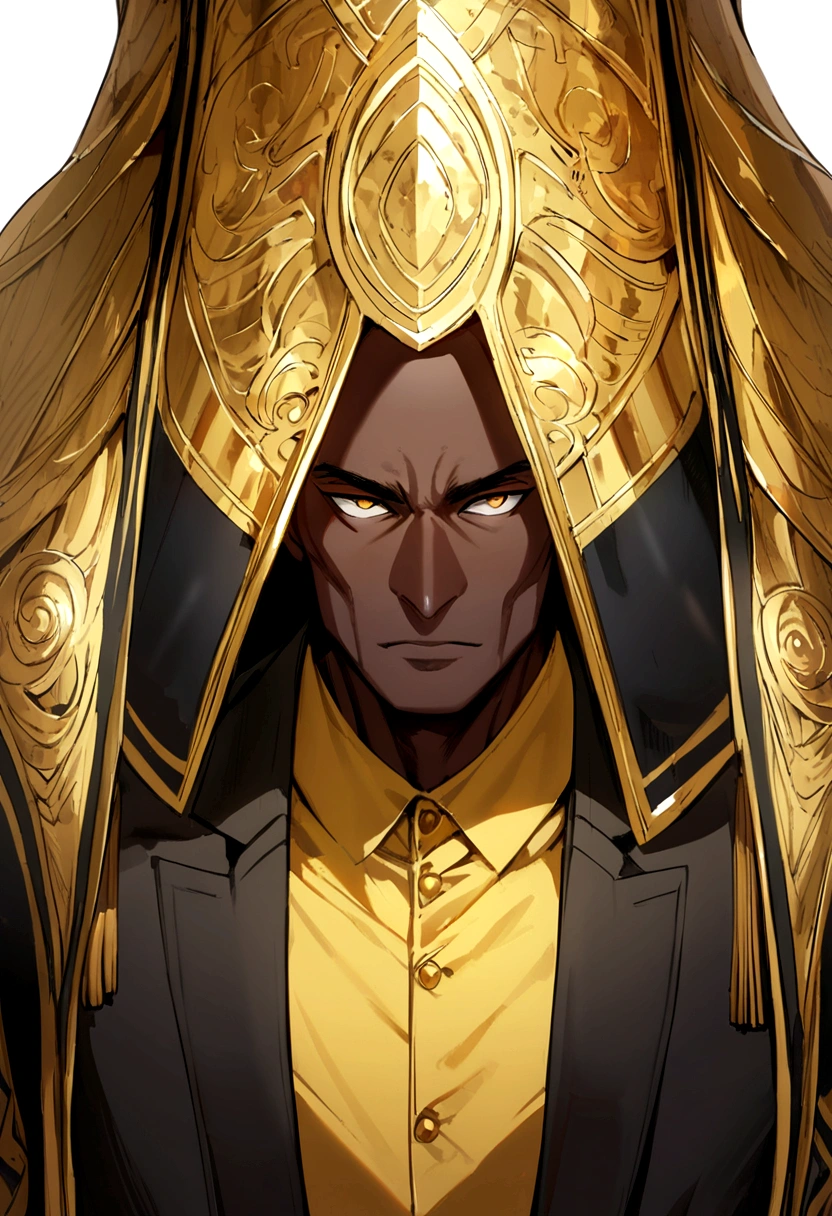 tall man with dark skin and sanpaku gold eyes
