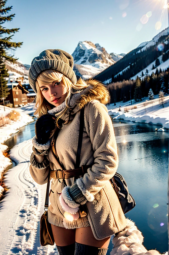 best quality, masterpiece, (photo realistic:1.4), detailed skin, intricate details, a 20 year old pretty Caucasian girl, (blonde:1.5), detailed background, bikini, (skin texture) (film grain:1.3), (warm hue, warm tone:1.2), cinematic light, ultra high res, best shadow, RAW, (hazy glow), (fading afternoon sun), (vintage lens), (bygone era), (romance), (mystique), (antique camera), (aged metal body), (soft click of the shutter), (golden-hour light), (long shadows), (weathered brick walls), (graffiti-adorned alleys), (ethereal quality), (muted pastel tones), (distant memory), (gentle haze), (dreamlike nostalgia), (light leak), (lens flare), (analog days), (unpredictable allure), (faux fur-lined parka), (hooded sweater dress), (leggings), (over-the-knee boots), (fur earmuffs), (faux fur stole), (knit gloves), (wool stockings), (beret hat), (mittens with flap), (crossbody clutch), (fur-trimmed hood), (thigh-high socks), (thermal skirt), (thermal onesie), (Snowy mountainside), (frosty evergreens), (winter festival), (frozen lake view), (snow-covered village), (winter serenade), (frosty river), (snowy pathways), (frozen hideaway), (winter joy), (snowy mountain pass), (frozen lake reflections), (snowy escapade), (winter adventure), (frosty meadow)