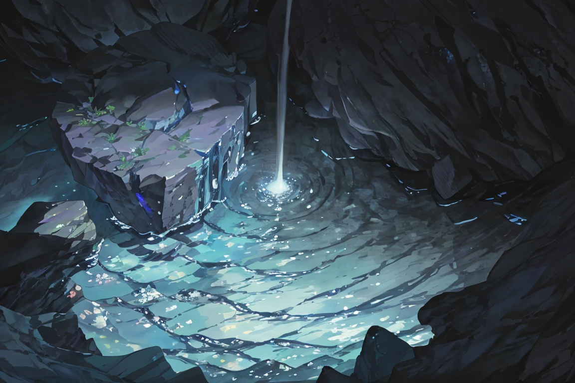 summer, blue lava rock area, blue lava rock, (illustration : 1.0), Narrative construction, realistic lighting, HD detail, masterpiece, best quality best, (Highly detailed CG integrated 8k wallpaper), wide and flat rocky area, small, sharp, rough rock at top of screen., Blue liquid flowing through a crevice in the rock,