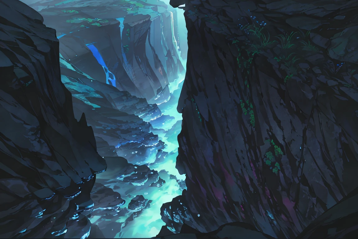 summer, blue lava rock area, blue lava rock, (illustration : 1.0), Narrative construction, realistic lighting, HD detail, masterpiece, best quality best, (Highly detailed CG integrated 8k wallpaper), wide and flat rocky area, small, sharp, rough rock at top of screen., Blue liquid flowing through a crevice in the rock,