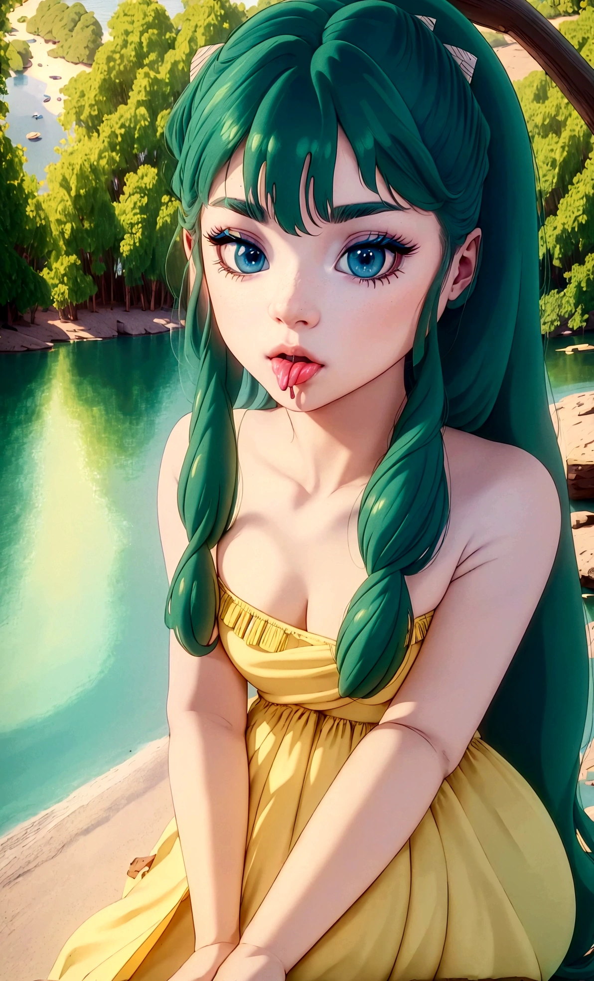 score_9, score_8_up, score_7_up, Lum, solo, 1girl, retro artstyle, 1980s style, blue eyes, eyeshadow, green hair, long hair, bangs, sitting on a tree, holding a big lollipop, licking the big lollipop, experiencing bliss, beautiful detailed eyes, beautiful detailed lips, extremely detailed face and features, longeyelashes, adorable, whimsical, dreamlike, soft lighting, pastel colors, warm tones, cinematic, (best quality,4k,8k, highres, masterpiece:1.4), ultra-detailed, saliva is drop, forest and river background.
