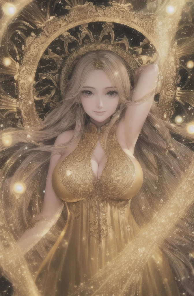 best quality, masterpiece, upper body,
(adult:1.6) hungarian woman, (smirk:0.4), arms behind head,
braided golden hair,
sparkling eyes,
victorian sundress,
floating light particles, centered,