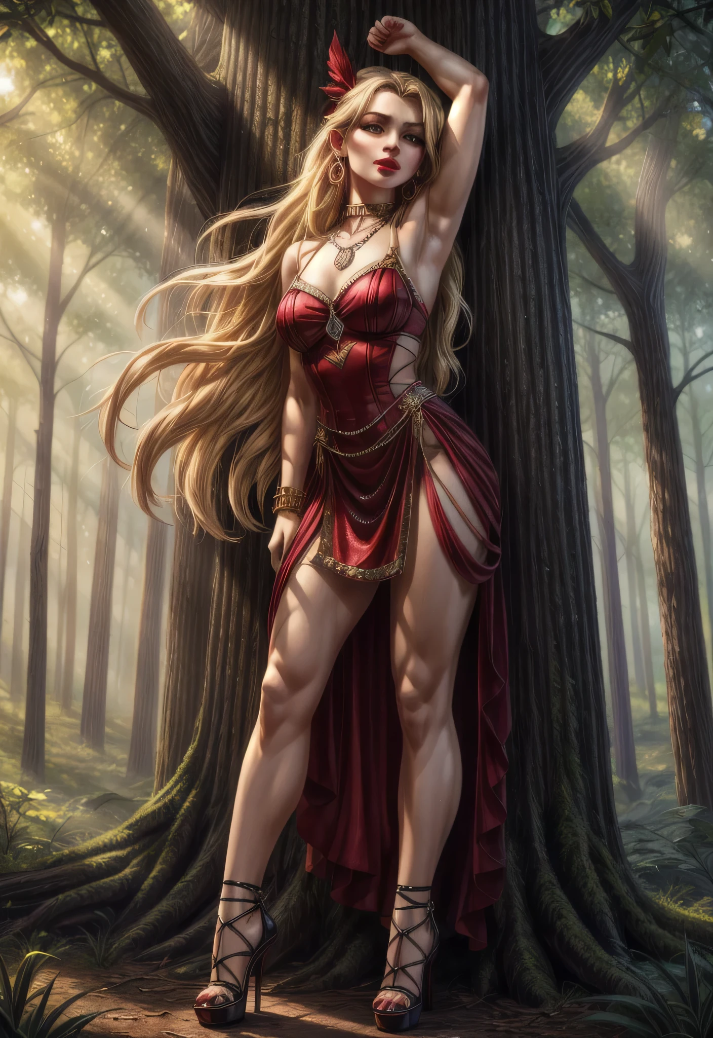 UHD 8k, HDR+, cute blonde female slave with a necklace, large piercing eyes, huge earrings, giant earrings, her long blonde hair falls over her shoulders, Black high heel shoes, High heels, slave dancer outfit, Against the background of the forest, detailed background, realistic, 1girl, solo girl, 20 year old girl, ultra realistic face, hyperrealistic, hyperdetailed, (looking at viewers), sharpen, detailed face, detailed eyes, detailed lips, red lips, beautiful face, 16k, FHD, raw photo, cute face mesh, pretty face mesh, portrait shot 8 k