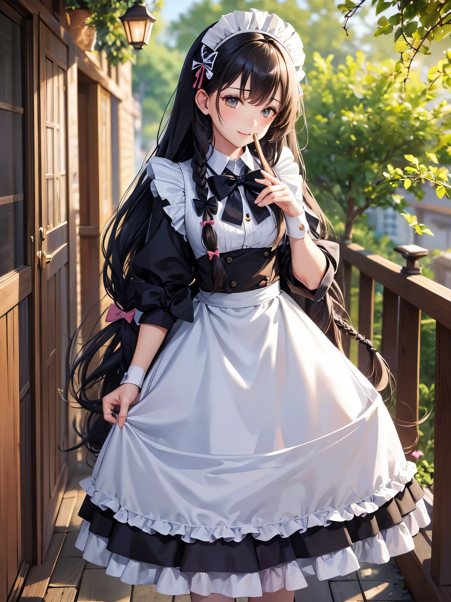 ((Highest quality)),(Ultra-high resolution),(Ultra-detailed new),(Detailed Description),((The best CG)),(masterpiece),Highly detailed art,A wonderful new art form,(Art with precise details:1.5), (Maid:1.7),(Cheerful:1.4),(Two braided long hair:1.6),(クラシカルMaid服:1.3),(Long skirt:1.4),((bow:1.6)), antique:1.3,Solemn:1.1,