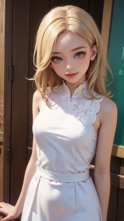 blush a little and smile, (Top quality masterpiece:1.2) Delicate illustrations, Very detailed, /Beautiful Japanese Women、1 person,Very cute and slim、Great style 、((8K images、super high quality))、Very delicate face, Skin and Hair、beautifule forehead、Red lipstick、(((((Mid-length hair、Blonde))))),Very cute Japanese cut face、Eyes and nose are clearly visible、Kind eyes,((((Sleeveless fashion))))