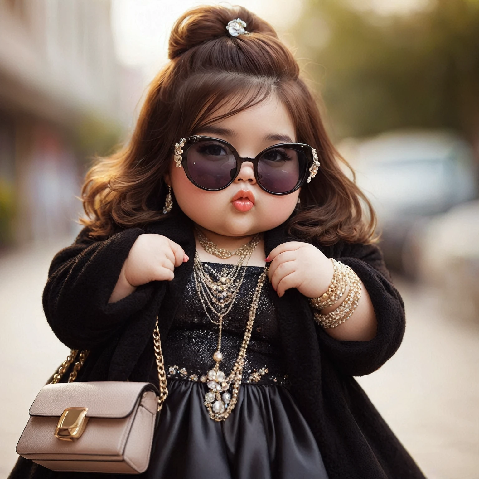 chubby  with purse and sunglasses positioned slightly down to her nose, cute girl, very fashionable, very fashionable, dressed in expensive clothes, pretty cute, pretty cute, she has a round fat belly and jiggle, wearing eloquent long clothes, looks very cool and stylish, very stylish, with sunglasses, wearing beautiful clothes, she is wearing a black dress, looking at the camera with a cute and adorable face