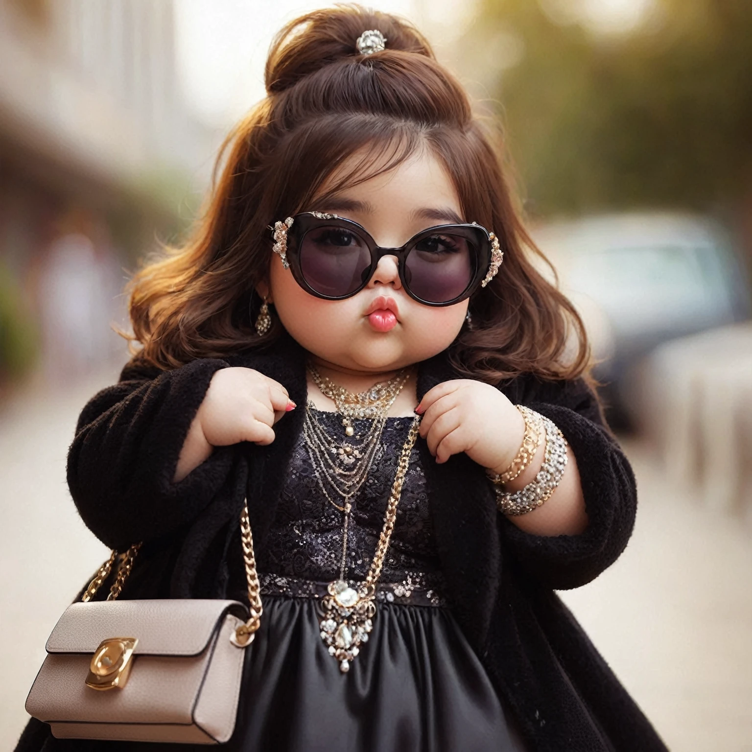 chubby  with purse and sunglasses positioned slightly down to her nose, cute girl, very fashionable, very fashionable, dressed in expensive clothes, pretty cute, pretty cute, she has a round fat belly and jiggle, wearing eloquent long clothes, looks very cool and stylish, very stylish, with sunglasses, wearing beautiful clothes, she is wearing a black dress, looking at the camera with a cute and adorable face