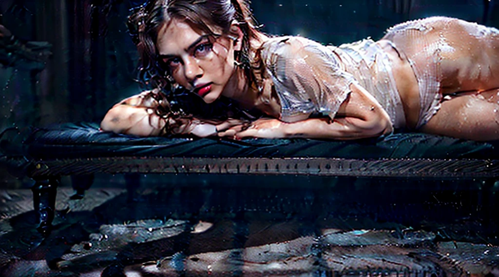 The image shows a girl lying on a bed. She is wearing a white t-shirt and pink shorts. The girl is resting her head on her hands, and her hair is styled in two buns. Her face is obscured, adding an element of mystery to the image. The bed and pillow are blue, and the background is also in deep blue tones, creating a monochromatic color scheme. The floor is made of wood and shares the same blue hue. The atmosphere of the scene is calm and mysterious, with a focus on the girl lying on the bed.The overall design combines creativity and fun, making the house look like a lively, animated character. Create цветной рендеринг zbrush. perfect cgi, cgi art created only with gradients, smooth silhouette, Create ultra sharp skin, high intensity refraction, (plastic material), most beautiful vfx, blue background, plastic refractions, glossy texture, smooth 3d model, multiple light sources, rim light, sharp post effects render, (glossy plastic texture with multiple big light probe refractions), perfect cgi, cgi art created only with gradients, smooth silhouette, high intensity refraction, (plastic material), most beautiful vfx, blue background, plastic refractions
