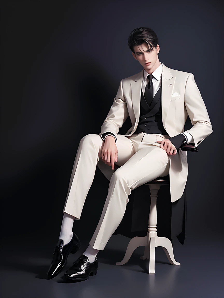 1 man, best quality, masterpiece, realistic, shortcut, white suit, black silk socks, black Oxford shoes, sitting, full body,fit body, super tall