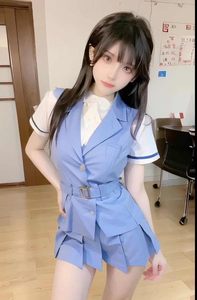 Beautiful woman with perfect body:1.4,Layered Hairstyle,Highly detailed face and skin textures,Double eyelids,Skin Whitening,Long hair,Whitened long legs,(Sky blue school uniform,Collar),Standing in the classroom