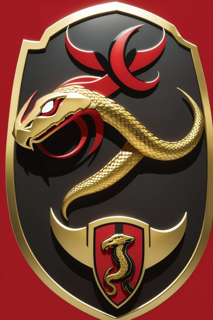 Create a shield of a football team called Espada de Milan where its colors are red and black with gold details with a snake in the middle and a transparent background 