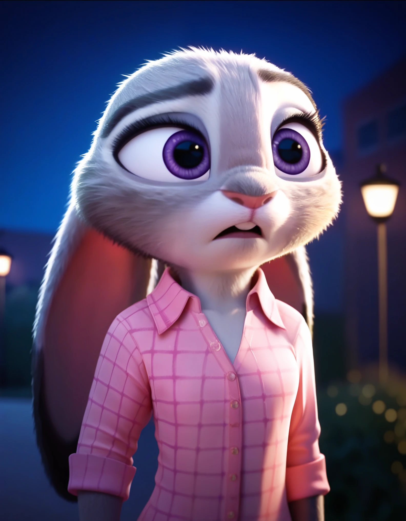 score_9, score_8_up, score_7_up, score_6_up, source_furry, judyhopps confused, dark, night, backlighting, solo, pink shirt, jeans, arms at sides, front view, portrait