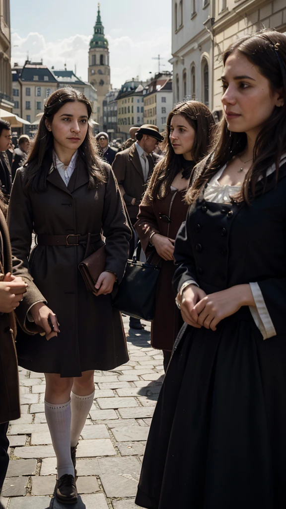 An emotional cinematic illustration depicting a group of Jewish people gathered in Vienna, Austria. They are dressed in period clothing,with a mix of somber and hopeful expressions on their faces. They hold onto their belongings and look towards a bright, yet uncertain future. The background shows historic buildings of Vienna, with a sense of cultural and historical significance