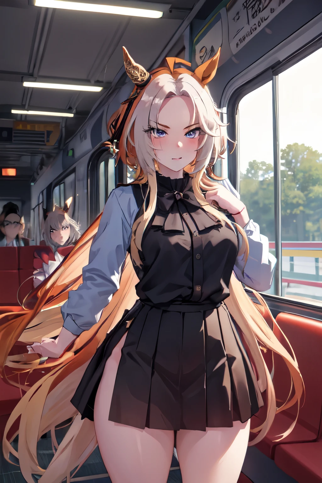 masterpiece, Highest quality, 1 person,(  Are standing, View your viewers),Detailed Background、A person who writes in detail、Accurate human body、Knowledgeable person、Accurate 5 fingers, woman,Thick thighs,Curvy body,alone, orfevre\(umamusume\),black short skirt,TranT, (train interior), netorare, chikan, grabbing, hetero, pussy juices, molestation, public indecency, public use,faceless male fingering, 2boys, faceless male, assisted exposure,ahegao