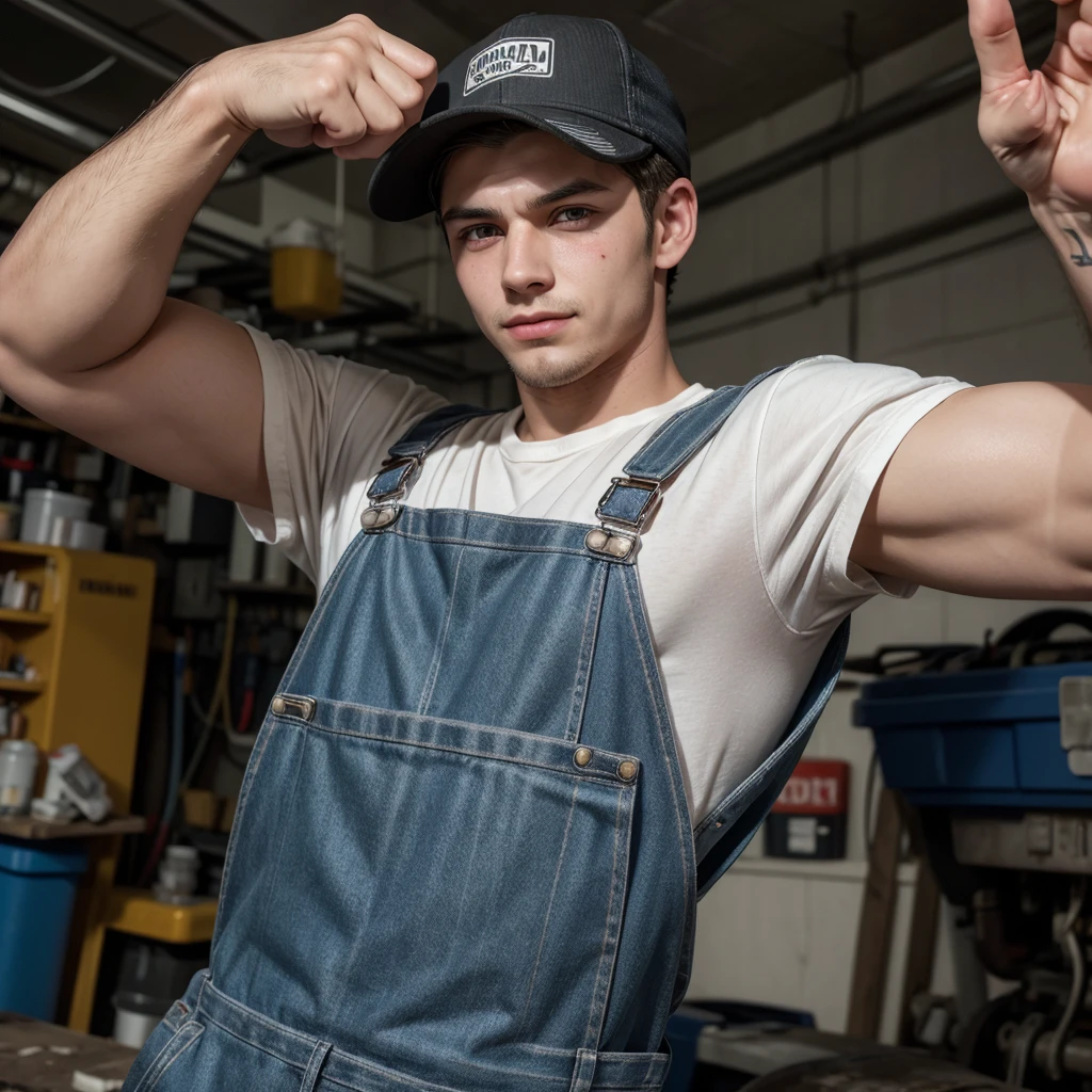 1boy, (Blue Eyes), happy smile,American boy,18 years old,young, thick body, slender, sport body build, child-like,White Teenage boy ,(best quality, highres:1.2), ultra-detailed, realistic:1.37, mechanic maintenance technician outfit, tools, blue overalls, dirty hands, a wrench, a screwdriver, a toolbox, gloves, work boots, a workbench, metal workshop, a well-lit background,pale skin, skinny, good lighting, very pale skin, light skin, model with attractive body,medium bulge and medium butts,(Best quality, 8k, Masterpiece). High Detail , superior quality, natural lighting, beautiful, sexy, correct anatomy, good composition,realistic shapes, realistic skin tones,Natural eyes,realistic eyes,looking up at viewer,vpl,realistic muscles,Realistic wrinkles on the skin,Realistic arms and legs,Realistic face,realistic hair,Make a sexy and seductive face, Clear Focus: 1.2, Perfect Body virile: 1.4 , Slender Abs: 1.2, Highly detailed face and skin texture, detailed eyes, double eyelids, big upper lip, man focus,amazing composition, front view, HDR, volumetric lighting, ultra quality, elegant,Post a erotic photoshoot,Realistic pose,detailed hair,full body,Fujifilm XT3 photorealistic art by midjourney