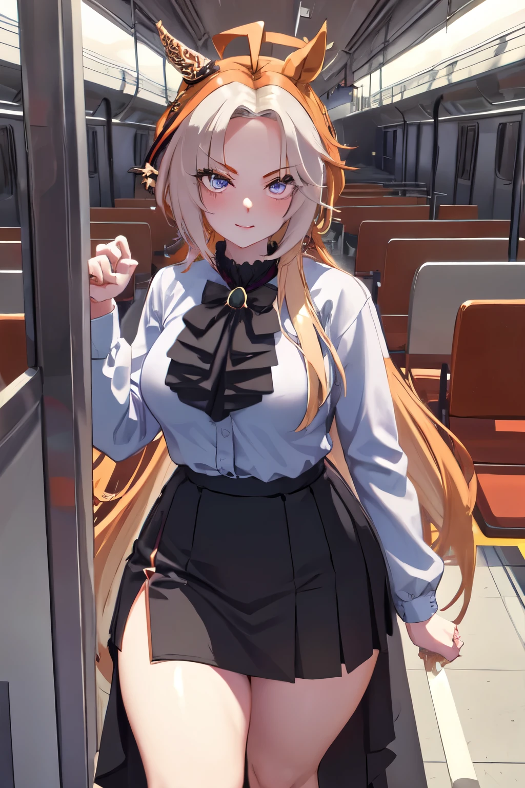 masterpiece, Highest quality, 1 person,(  Are standing, View your viewers),Detailed Background、A person who writes in detail、Accurate human body、Knowledgeable person、Accurate 5 fingers, woman,Thick thighs,Curvy body,alone, orfevre\(umamusume\),black short skirt,TranT, (train interior), netorare, chikan, grabbing, hetero, pussy juices, molestation, public indecency, public use,faceless male fingering, 2boys, faceless male, assisted exposure,ahegao