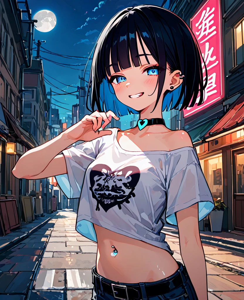 score_9, score_8_up,score_7_up, masterpiece, best quality, 1girl, standing,stick out tongue,blowjob pose,, arm behind back, cityscape, street, at night, moon, glowing neon sign,
BREAK
tween, small breasts, blunt bangs, bowl cut, hime cut, (short hair:1.2), (black hair:1.2), blue eyes, (tsurime:1.3), navel piercing, ear piercing, tongue piercing,
grin, smile, blush, half-closed eyes,
BREAK
punk fashion, (off shoulder t-shirt:1.2),(white t-shirt:1.2), short sleeves,
crop top, collarbone, heart choker, strapless, navel, midriff,
BREAK
denim, black belt, chain,shiny skin,