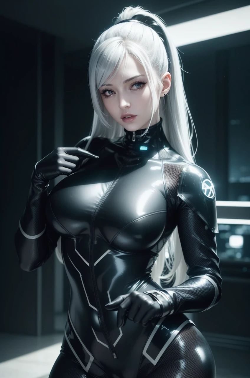 photorealistic, high resolution, soft light,1women, solo, hips up, (detailed face), silver hair, Black leather costume, cyberpunk glossy latex suit, Leather Costume Bodysuit, Cyberpunk Bodysuit,Cyberpunk Bodysuit、skintight black clothes, Black latex, Black tight clothes、leather body suit,seductive cyberpunk dark fantasy, tattoo, jewelry
