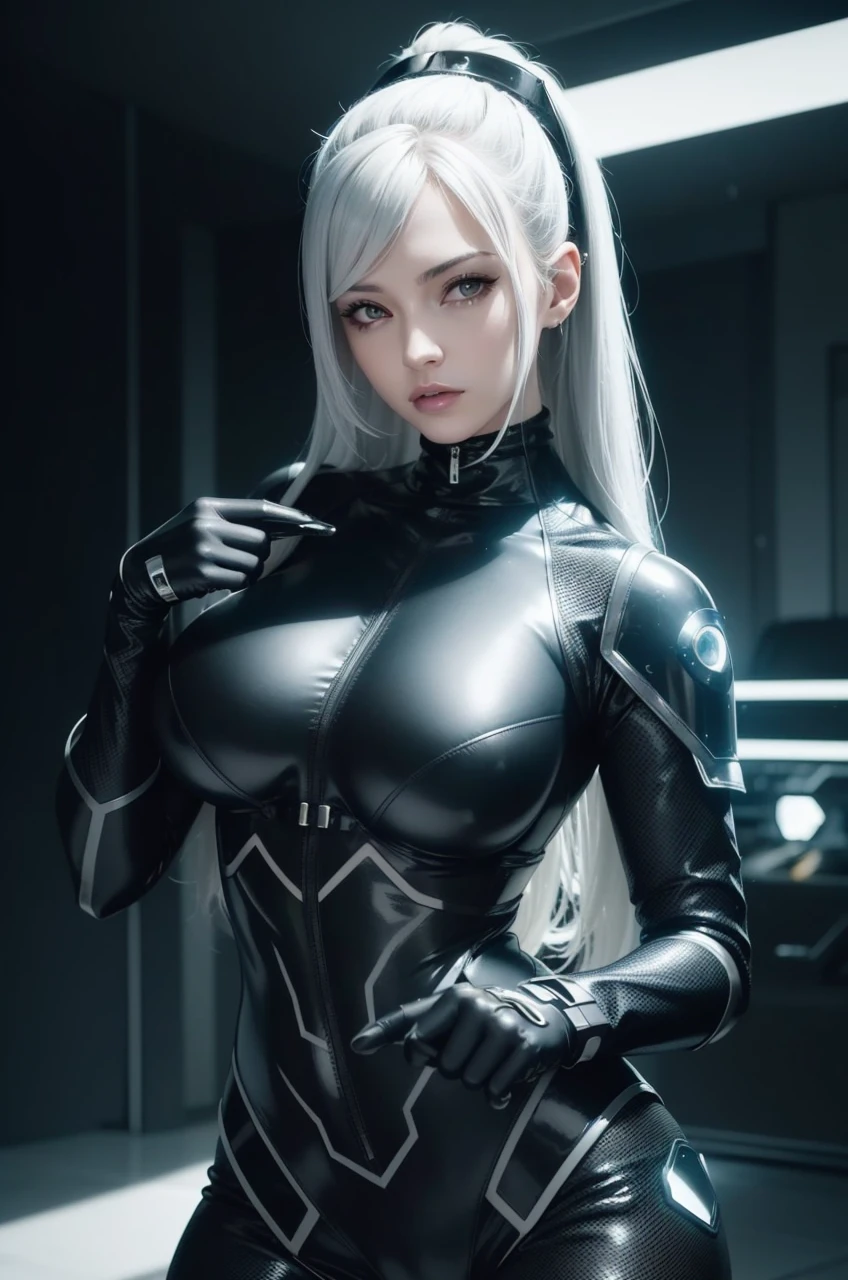 photorealistic, high resolution, soft light,1women, solo, hips up, (detailed face), silver hair, Black leather costume, cyberpunk glossy latex suit, Leather Costume Bodysuit, Cyberpunk Bodysuit,Cyberpunk Bodysuit、skintight black clothes, Black latex, Black tight clothes、leather body suit,seductive cyberpunk dark fantasy, tattoo, jewelry