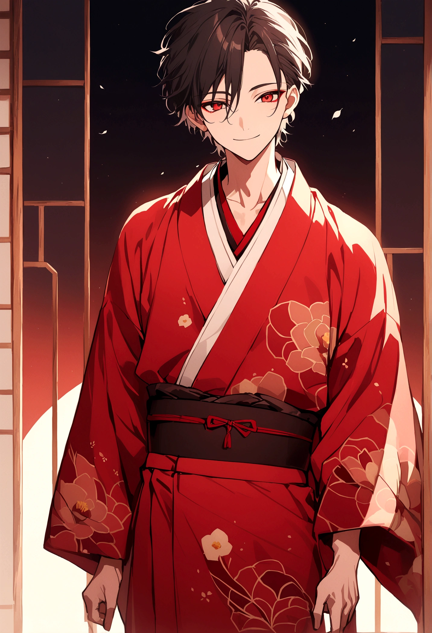 ((Red eyes))、引きつけるRed Eyes、smile、Crimson Eyes、Beautiful man、1 person、neutral、Black Hair、(Red Eyes)、Kimono with camellia pattern、smile、The nape is a little long、Serene atmosphere、beautiful、Are standing、ephemeral、Angle from the front、 High resolution, Super detailed、Male、Rakugo artist