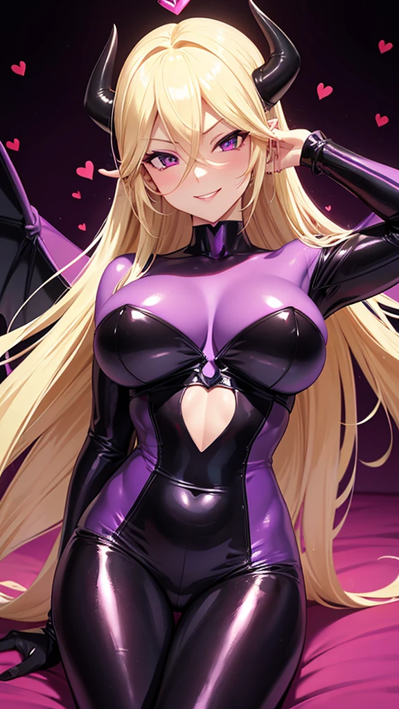 Erotic Rosalina, tall, busty, blonde, mature, married woman, female executive in shiny purple rubber suit, red, black background, heart, bedroom, dark theme, evil, temptation, excitement, condescending smile, sexy pose, upper body emphasis, lying on man, angle from below, bat wings, succubus