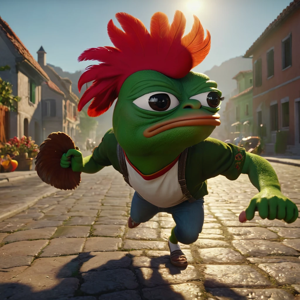 Pepe the frog, ultra detailed, hyperrealistic, 3D render, fighting to a rooster dynamic lighting, dramatic shadows, vibrant colors, intricate textures, cinematic composition, masterpiece, photorealistic, 8k, best quality
