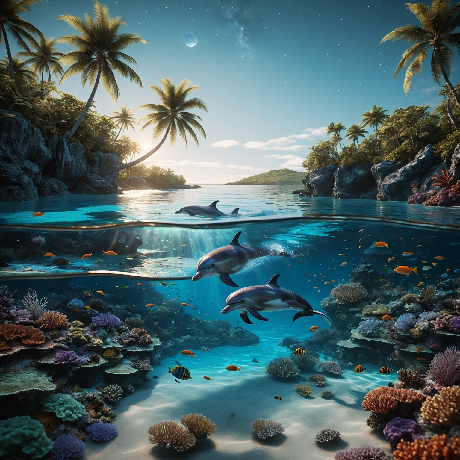 On a dark night lit by the moon, observe a turquoise blue lagoon stretching to the horizon. To the left, a beach lined with palm trees nestles under a crystal-clear turquoise blue lagoon, where ((detailled huge luminescent barrier reef, luminescent fishes and jellyfishes are revealed in detail, animated by delicate waves)). In the sky, a (swirling galaxy evolves into a giant blue eye), more detailed and majestic, set against a starry sky adorned with nebulae and cosmic dust. The bright reflections of this blue eye and the starry sky intensely mirror on the water’s surface. ((Along the shore, a blonde woman with long, flowing hair)), dressed in a finely detailed transparent gown that seems woven from celestial fabric, stands upright, absorbed by the wonders of the universe. (The water near her is crystal clear, revealing multicolored bioluminescent algae and richly detailed marine life). In the midst of this scene, a (joyful dolphin leaps out of the water), adding a touch of life and movement. This work must (capture the essence of lunar luminism and fantastical realism against a complex and meticulously detailed background), rendered in ultra-realistic 8k resolution for hyper-realistic finesse evoking enchanted photography effects. Summon modern fantasy elements popular on Artstation Unreal Engine 5 with vibrant ink-spotted colors, a maximalist style, matte painting techniques offering an expansive depth of field, all while preserving simple and pure reflections in the darkness.