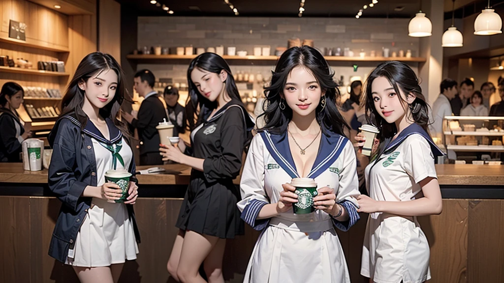 8K、RAW Photos、Highest quality、Super detailed、Super Resolution、Ultra HD、8K壁紙、Amazing details
(((Inside the Starbucks store、16 year old high school girl in sailor suit)))、Eat cake、Drink coffee、smile、Heart Necklace((Emphasize cleavage))
(Full body photo)
