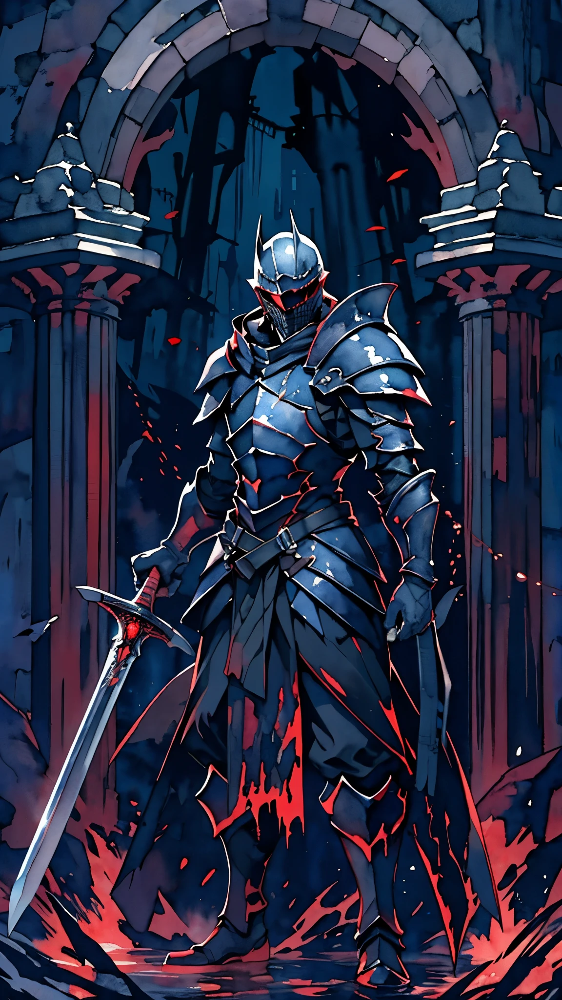 (masterpiece:1.2),(Highest quality),(Very detailedな),(Ultra-high resolution),8K,Vast landscape photography,(Dark Souls Style),((watercolor)),(The Abyss Knight stands),Abyssal Sword,Abyssal Armor,Abyssal Shield,(One person: 1.5),Very detailed,The background is a gradient of black, blue and grey,The very deep darkness,Castle of Darkness,((hands))
