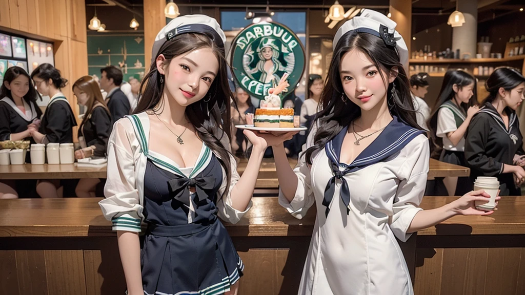 8K、RAW Photos、Highest quality、Super detailed、Super Resolution、Ultra HD、8K壁紙、Amazing details
(((Inside the Starbucks store、 high school girl in sailor suit)))、Eat cake、Drink coffee、smile、Heart Necklace((Emphasize cleavage))
(Full body photo)
