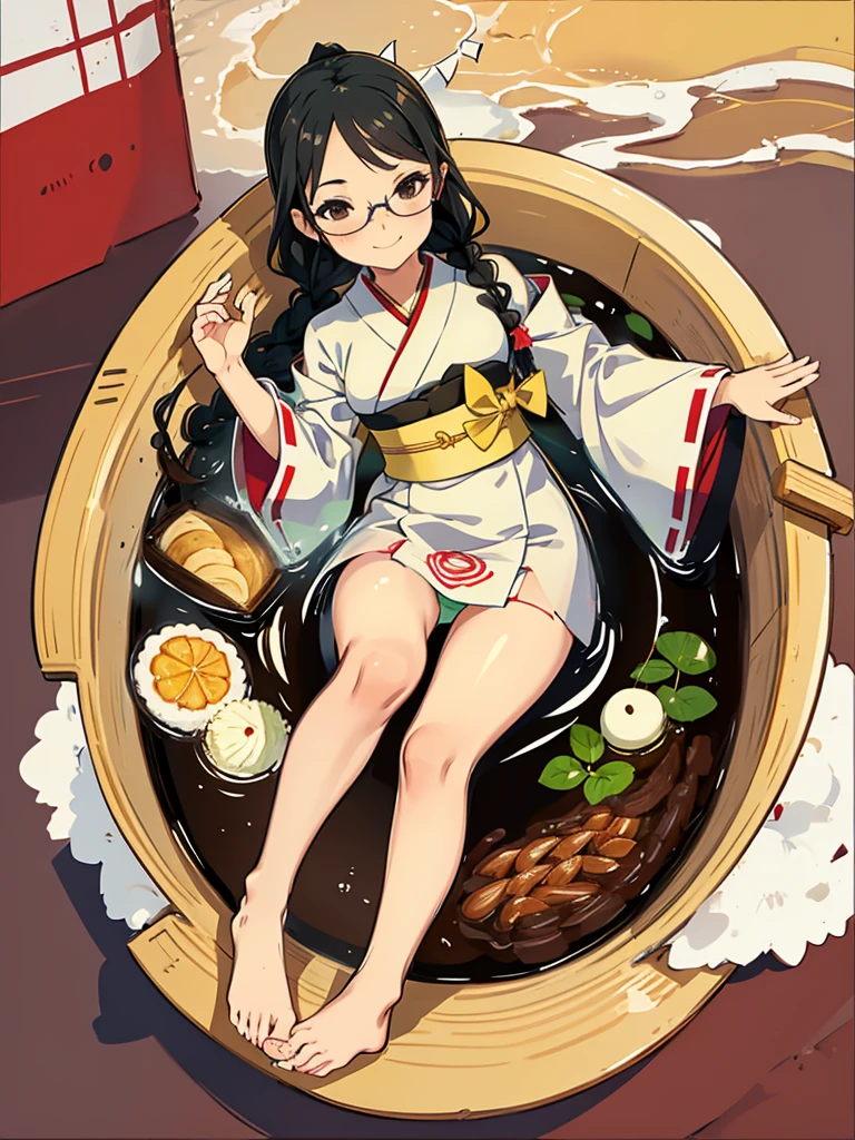 One girl,alone,black eye,Black Hair,Glasses、Braided in front,smile,whole body,foot,Small breasts,Japanese traditional clothing,開foot、underwear、Mini Girl, In the food,In the container,,Partially submerged,sweet,,No shoes,