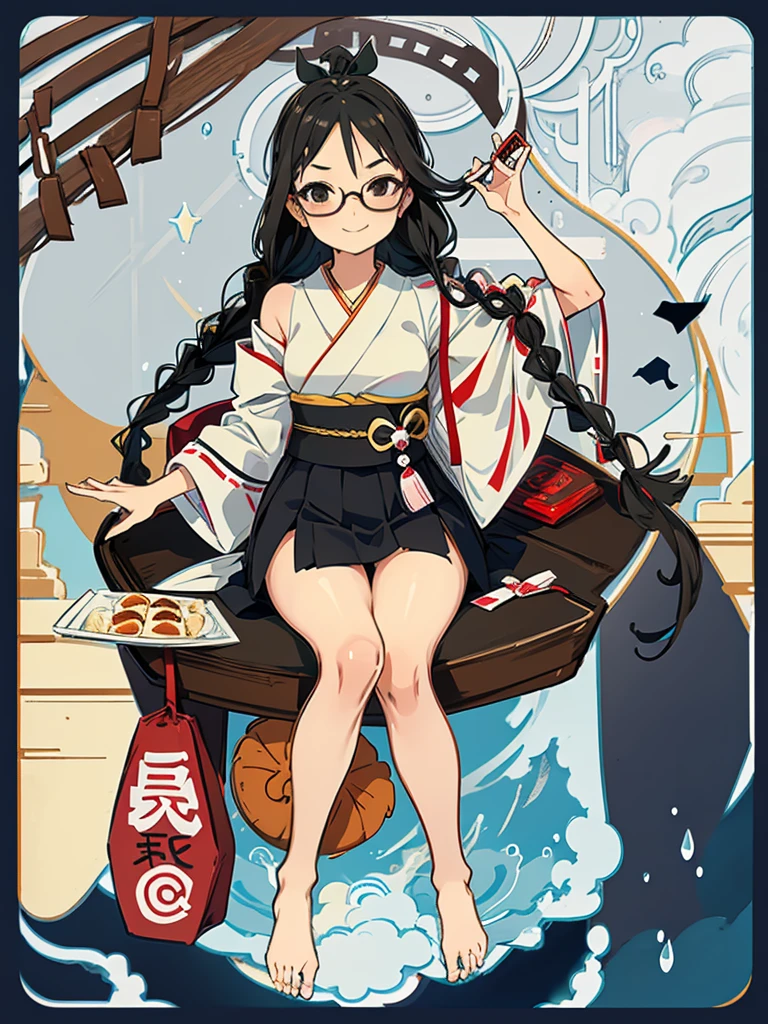 One girl,alone,black eye,Black Hair,Glasses、Braided in front,smile,whole body,foot,Small breasts,Japanese traditional clothing,開foot、underwear、Mini Girl, In the food,In the container,,Partially submerged,sweet,,No shoes,