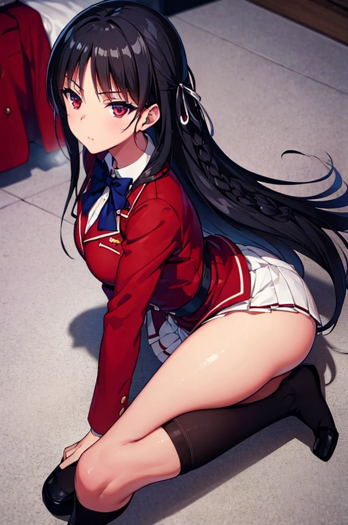(masterpiece, best quality:1.4), (ultra detailed:1.4), super fine illustration, (official art:1.2), (anime screencap:1.2), detailed beautiful face and eyes, anime keyvisual, perfect anatomy, 8k portrait,
1girl,
Suzune Horikita,
Suzune Horikita \(youjitsu\),
long hair, braid,
black hair,
(red eyes, slant eyes, small eyes),
blue bow,
medium breasts,
red jacket, pleated white skirt, black thigh-high socks,
looking at viewer,
full body,
perfect light, background of indoors, BREAK nsfw, skirt lift, spread legs, show panties, shoot from above, seductive pose, lie on the bed,