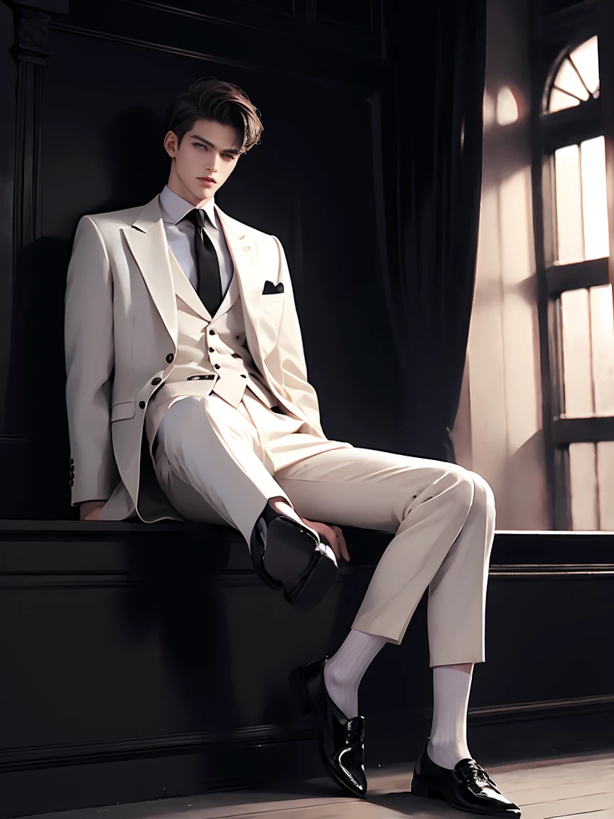 1 man, best quality, masterpiece, realistic, shortcut, white suit, black silk socks, black Oxford shoes, sitting, full body,fit body, super tall