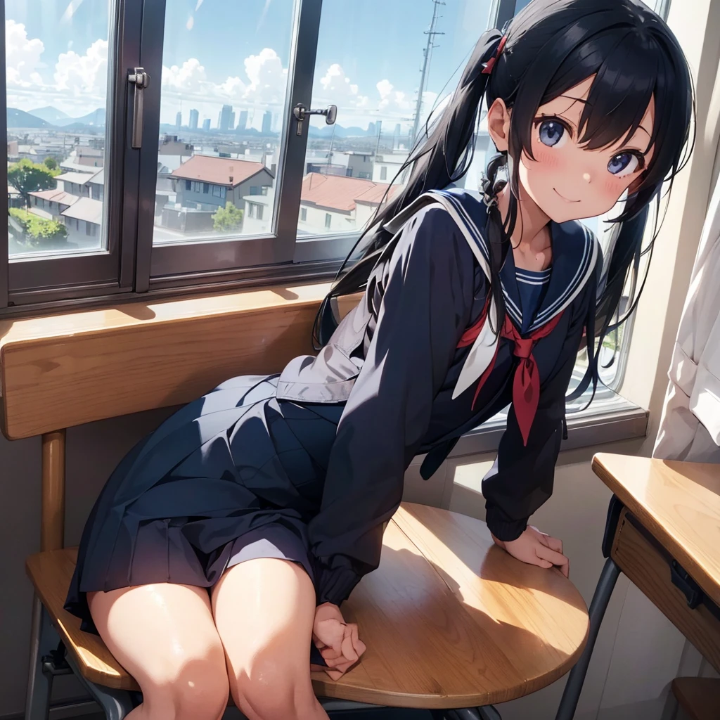 Highest quality, Very detailed, masterpiece, One Girl, Sit on a chair, talk, Smile, yo, (low twintails:1.2), Low Pigtails, Black Hair, Long Hair, (Navy blue sailor suit:1.4), Blue ribbon, Long sleeve, School desk, School Chair, classroom, from the front, window, Schoolyard, distant cityscape, A town with hills, Sea in the back, sunset, anime, Close up on face