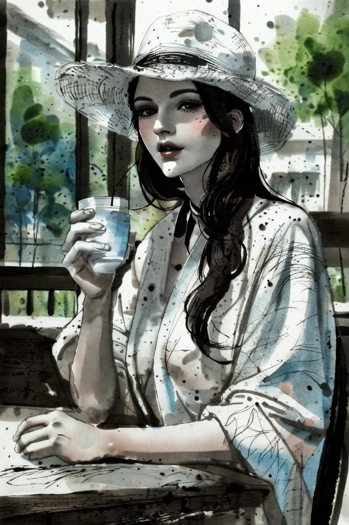 black and white tones:1.3, masterpiece, best quality, tradition chinese ink watercolor paintings:1.2, a beautiful 20s french model, ultra detailed face