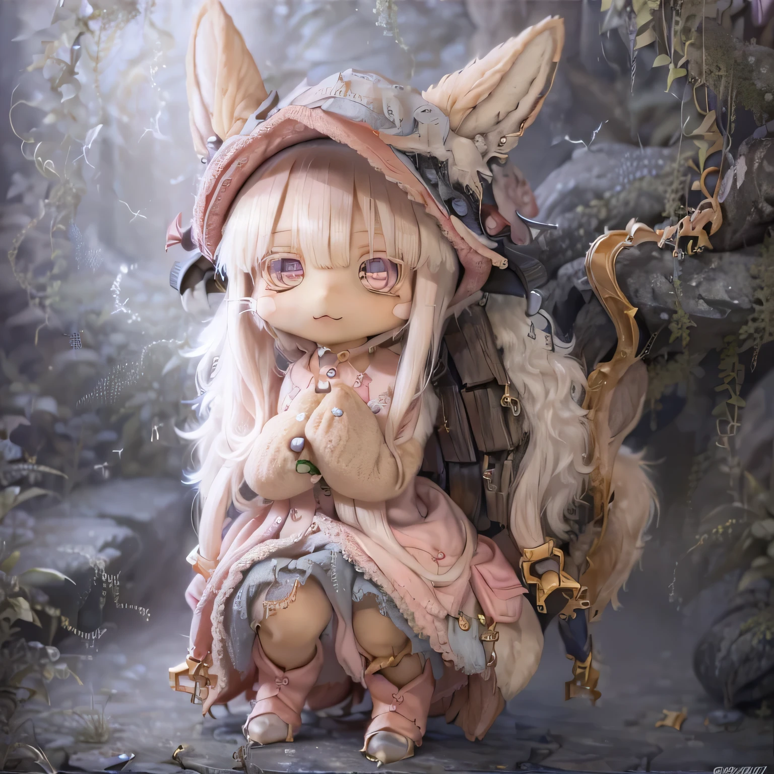 in the garden, Smiling girl, Similar to Nanachi from Made in Abyss. She is beautiful, Beautiful eyes and lips. girl (((Chibi Style,))) . Image quality is excellent, Highly detailed and realistic features. The medium of this work is、Combining illustration and photorealistic rendering.. The colors are vivid、The lighting creates a warm and bright atmosphere。 Full Body(((((Cute pink dress)))))Contrasting