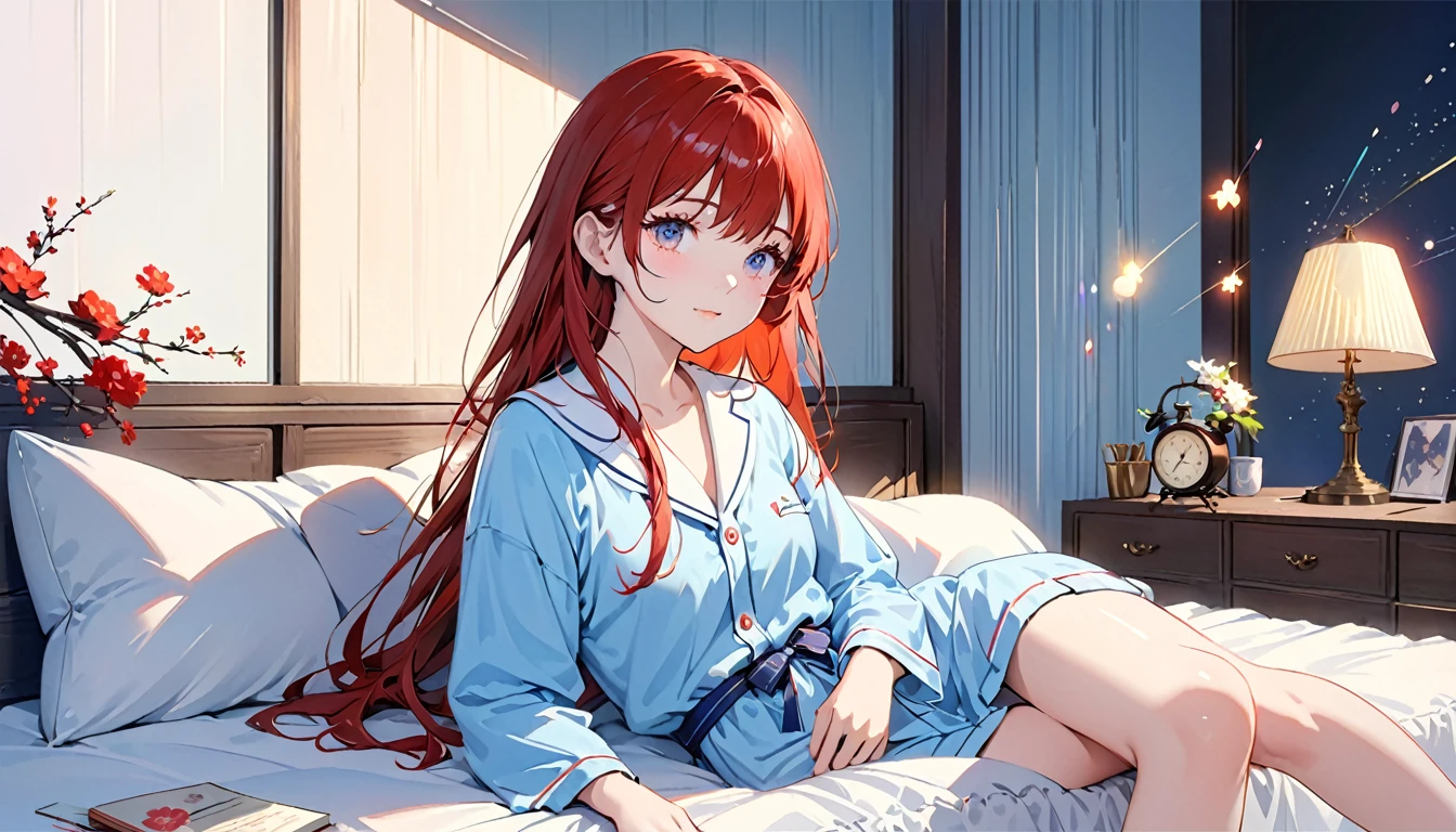 Beautiful young woman, Anime Style, Detailed face, Redhead, Red eyes, Delicate features, Soft lighting, Wearing comfortable pajamas, Lying in bed, Cozy bedroom, Soft lighting, Warm tones, Neatly arranged furniture, Bedside table with lamp, Relaxed facial expression, Dynamic pose, Japanese Anime Style, high quality, Very detailed, 8K resolution, Cinema Lighting, 最high quality, Vibrant colors, Instagrammable, beautiful, trend