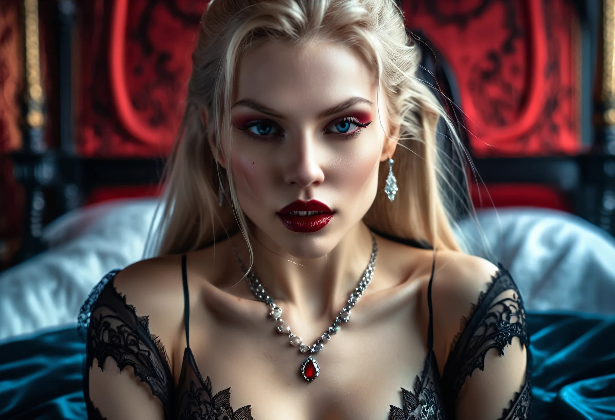 (masterpiece, 8K, UHD, RAW), A sexy blonde girl kissing a evil vampire in bed, (((a beautiful young woman riding on top of one huge horrific vampire))), (she rides the female vampire with lustful femininity), her beautiful body is covered by a sheer translucent white lace bra with Art Nouveau embroidery, big sexy perky breasts, her pristine delicate features contrasts with the horrendous menacing fangs of the corrupted female vampire,blood is dripping from the fangs, full body vibrant illustrations, intricately sculpted, realistic hyper-detailed portraits, queencore, depicts real life, the scene happens in a luxurious Art Nouveau boudoir with studio illumination, red and teal silk satin