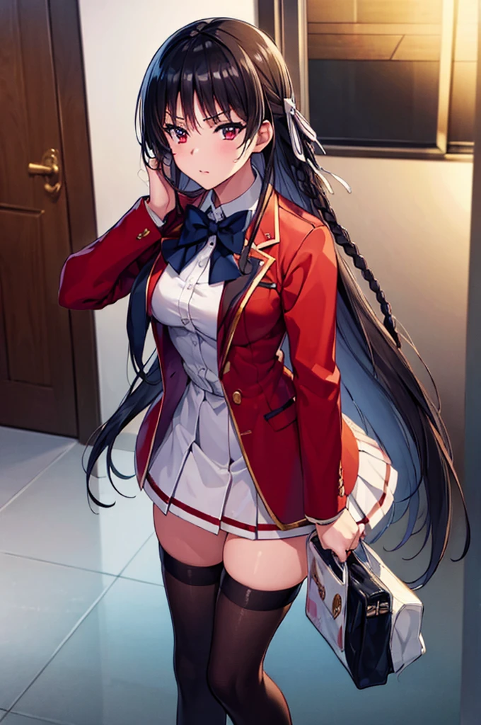 (masterpiece, best quality:1.5), (ultra detailed:1.4), super fine illustration, (official art:1.2), (anime screencap:1.2), detailed beautiful face and eyes, anime keyvisual, perfect anatomy, 8k portrait,
1girl,
Suzune Horikita,
Suzune Horikita \(youjitsu\),
long hair, braid,
black hair,
(red eyes, slant eyes, small eyes),
blue bow,
medium breasts,
red jacket, pleated white skirt, black thigh-high socks,
looking at viewer,
full body,
perfect light, background of indoors, BREAK , seductive pose,