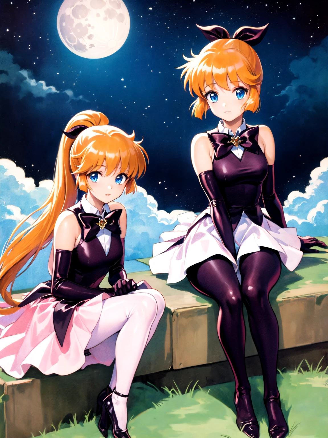 1980s \(style\), masterpiece, Highest quality, One girl, alone, Long Hair, ponytail, bow, ribbon, blue eyes, Orange Hair, hair ribbon, very Long Hair, Brown Hair, gloves, elbow gloves, skirt, Magical girl, black gloves, pantyhose, bowtie, Sitting, Night Sky, big_moon, White panties, Panty shot
