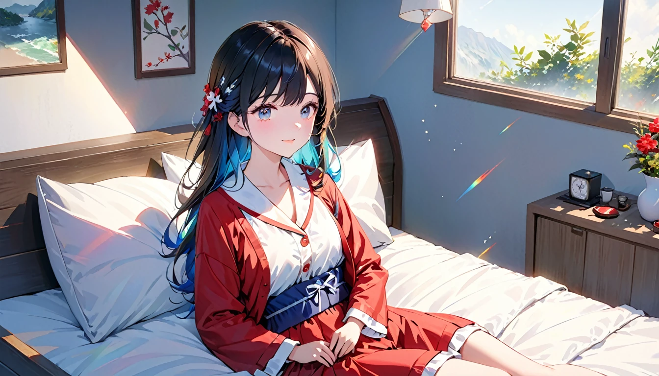 (Absurd:1.1, High resolution:1.1, 超detailed:1.1), 非常にdetailedな, 超detailed hair, (Fine grain:1.4), (Shining Eyes:1.3), thin, cute, Perfectly symmetrical face, narr○w waist, 超cute girl, 超cute face, 超cute, Super beautiful, Beautiful colors, merry (Yanmar gauge),From wlop,((Great quality)), (Beautiful legs),Sitting,music,Upper body rest (Beautiful colors,detailed,Highest quality,Great quality,so beautiful), pajamas, bed, Lighting and Shadows,(perspective),Lighting particles,colorful,masterpiece,